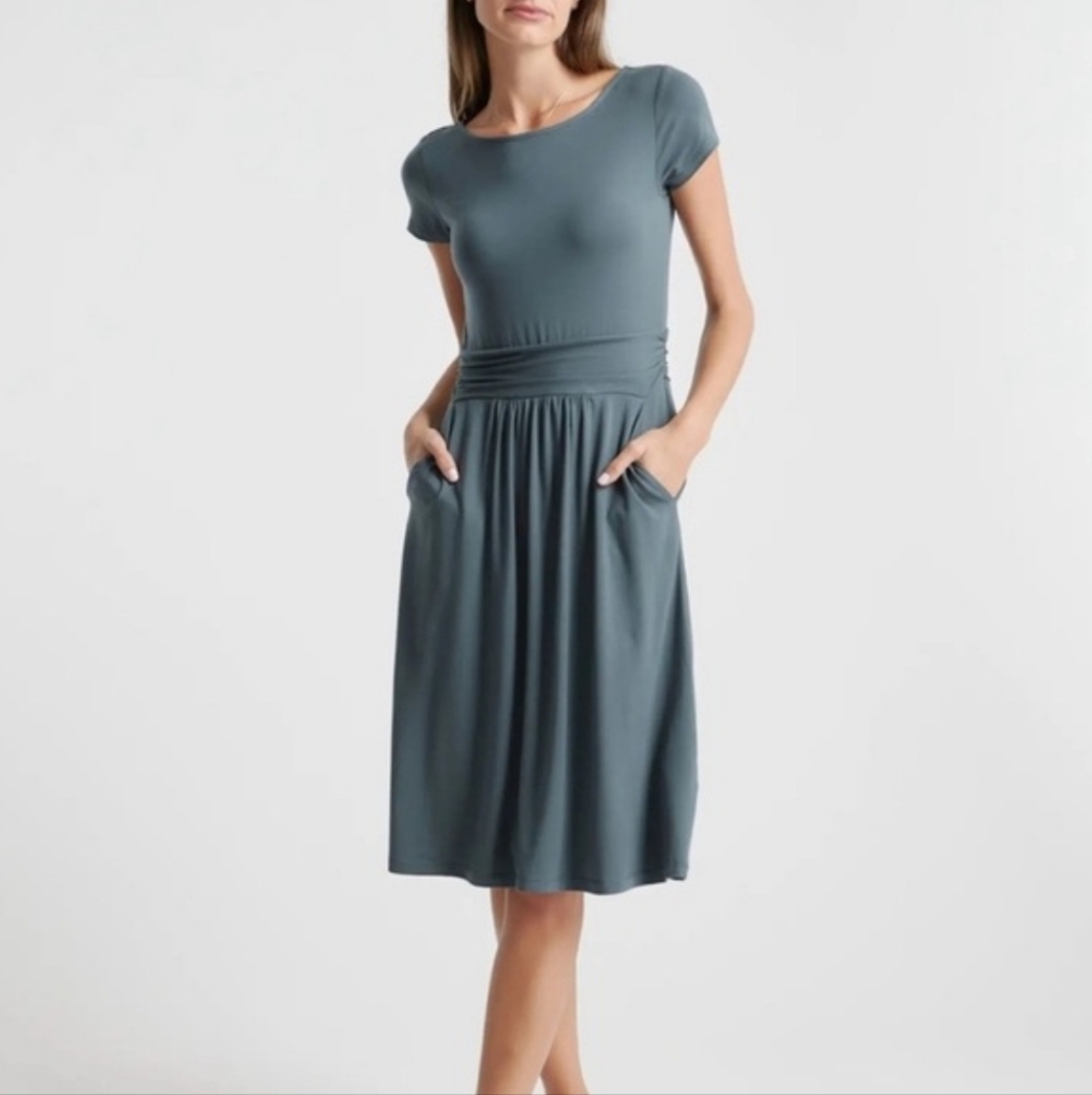 Quince Slate Blue Short Sleeve Midi Dress